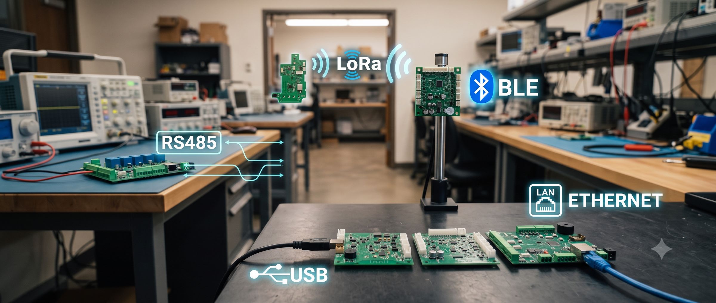 Obliron boards connected over LoRa, BLE, RS485, Ethernet and USB